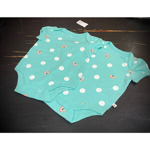 GAP twin girl Bodysuits 3-6 Months Teal White Polka Dot Rainbows